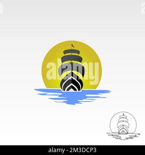 Segelschiff mit Wellen- und Mondbild Grafiksymbol Logo Design abstraktes Konzept Vektormaterial. Kann als Symbol für Segler oder Transport verwendet werden Stock Vektor