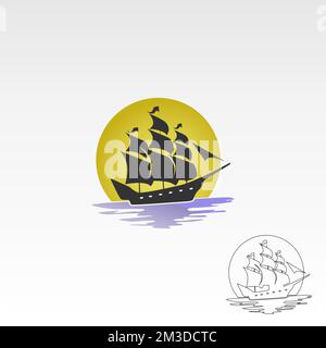 Segelschiff mit Wellen- und Mondbild Grafiksymbol Logo Design abstraktes Konzept Vektormaterial. Kann als Symbol für Segler oder Transport verwendet werden Stock Vektor