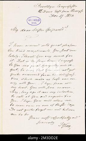 Johann Georg Kohl, Brooklyn, New York. Congress St., Autogrammbrief unterzeichnet an R. W. Griswold, 17. Dezember 1854 , amerikanische Literatur, 19.. Jahrhundert, Geschichte und Kritik, Autoren, Amerikaner, 19.. Jahrhundert, Korrespondenz, Autoren und Verleger, Dichter, Amerikaner, 19.. Jahrhundert, Korrespondenz. Rufus W. Griswold Papers Stockfoto