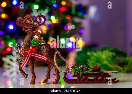 Eleganter Rainder mit Schlitten im Weihnachtshintergrund. Stockfoto