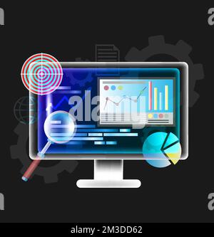 SEO-Vektormonitor mit Analysediagramm Stock Vektor