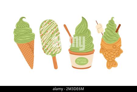 Matcha-Eiscreme-Set isolierter Vektor für Aufkleber, Postkarten, Notizbuch Stock Vektor