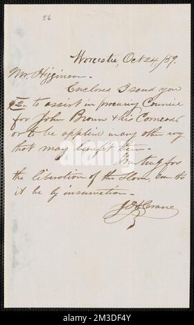 John H. Crane Autogrammbrief unterzeichnet an Thomas Wentworth Higginson, Worcester, 24. Oktober [18]59 , Abolitionists, United States, Antislavery Movement, United States, History, 19. Century, Harpers Ferry W.A., History, John Brown's RAID, 1859, Brown, John, 1800-1859. John Brown. Korrespondenz über John Brown und den Überfall auf Harpers Ferry Stockfoto
