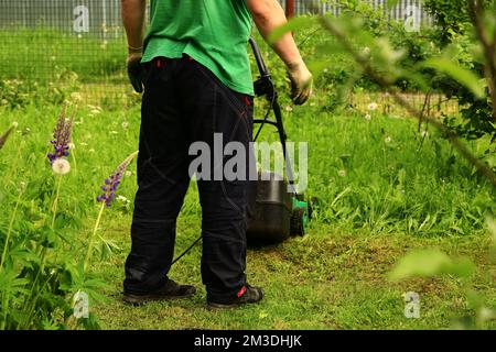 Ein Mann mäht das Gras mit einem Rasenmäher im Garten Stockfoto