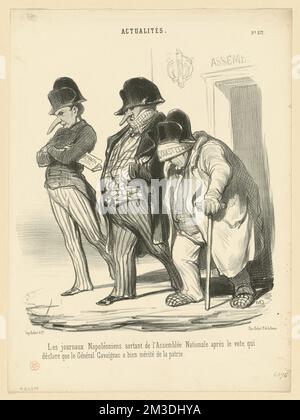 Les journaux Napoléoniens sortant de l'Assemblée Nationale... , Journalisten, Politiker, Gesundheitspersonal, Autoren, Premierminister, Girardin, Emile de, 1806-1881, Véron, Louis Désiré, 1798-1867, Cavaignac, Eugène, 1802-1857. Honoré Daumier (1808-1879). Lithografien Stockfoto