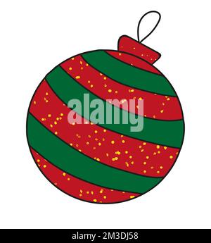 Weihnachten für Dekorationsdesign. Rotes Baumspielzeug mit Vektorsymbol und Glitzern. Kugelaufkleber. Symbol und Element für Winterferien. Stock Vektor