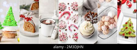 Collage traditioneller Weihnachtsdesserts auf hellem Hintergrund Stockfoto