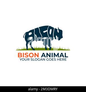 Bison Wildlife Tier Logo-Vektor, Symbol mit verkrümmtem Text in die Form einer Bison Illustration Stock Vektor