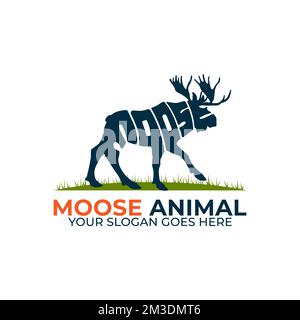 Mose Wildlife Logo-Vektor, Symbol mit verkrümmtem Text in die Form einer Muschi Stock Vektor