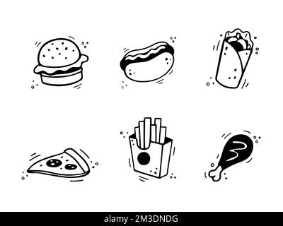 Handgezeichnete Symbole für Fast Food. Skizze von Imbisselementen - Burger, Pommes Frites Box, Pizza, Döner, Hähnchenschenkel. Fast-Food-Illustration im Kritzelstil. Fa Stock Vektor