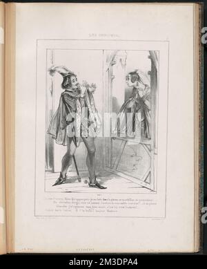 (La jeune Princesse) Mais qu'appercois-je au loin dans la Plaine? ce Tourbillon de poussière... - UN chevalier dirige vers ce manoir l'ardeur de son noble Coursier!...A sa plume - Blanche j'ai reconnu mon bien-aimé!...c'est lui, c'est Ludovic... - (Ludovic dans la coulisse) O (sic) c'te balle! Bojour Madame. Paul Gavarni (1804-1866). Lithografien und andere Arbeiten Stockfoto