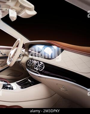 Moderner Luxus-Innenraum – Lenkrad, Schalthebel und Armaturenbrett. Luxus im Fahrzeuginnenraum. Beige bequeme Sitze, Lenkrad, Armaturenbrett, Geschwindigkeit Stockfoto