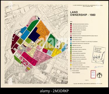 Eine Landkarte für den Longwood Medical Bereich seit Januar 1980, Gesundheitseinrichtungen, Massachusetts, Boston, Karten, Universitäten und Hochschulen, Massachusetts, Boston, Karten, Krankenhäuser, Massachusetts, Boston, Landkarten, Landbesitz, Massachusetts, Boston, Landkarten, Landbesitzer, Massachusetts, Boston, Karten, Immobilien, Massachusetts, Boston, Karten, Schulen, Massachusetts, Boston, Maps, Longwood Medical Area Boston, Mass., Maps, Medical Academic and Scientific Community Organization Stockfoto