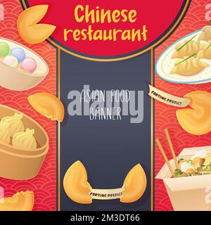 Broschürenvorlage für chinesisches Restaurant. Asiatisches Poster, Klöße, Nudeln Wok, Dim Sum. Stock Vektor
