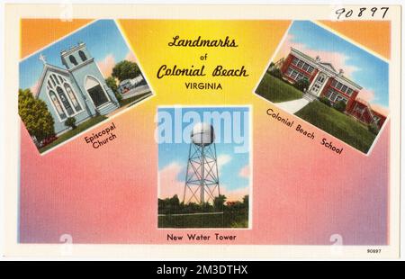 Wahrzeichen von Colonial Beach, Virginia, Episcopal Church, Colonial Beach School, New Water Tower, Tichnor Brothers Collection, Postkarten der Vereinigten Staaten Stockfoto