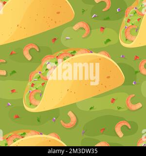 Mexicano-Taco mit Garnelen und Guacamole-Muster. lateinamerikanische Küche im Cartoon-Stil Stock Vektor
