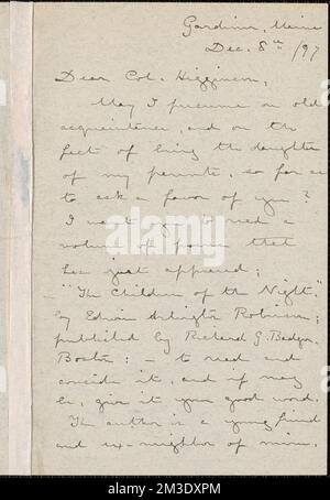 Laura Elizabeth Howe Richards Autogrammbrief unterzeichnet an Thomas Wentworth Higginson, Gardiner, Maine, 8. Dezember 1897 , Abolitionists, United States, History, 19. Century, Frauen, Wahlrecht, Robinson, Edwin Arlington, 1869-1935. Thomas Wentworth Higginson-Korrespondenz Stockfoto