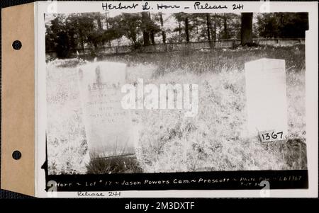 Laura E. Horr, Nelson Horr, Jason Powers Cemetery, Lot 17, Prescott, Mass., 17. Juli 1934 : Herbert L. Horr, Release 241 , Wasserwerke, Reservoirs Wasserverteilungsstrukturen, Immobilien, Friedhöfe Stockfoto