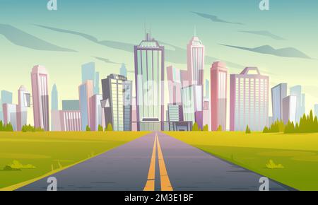 Straße in die Stadt mit Wolkenkratzern, Bürogebäuden und Häusern. Vector Cartoon urbane Landschaft mit leerer Vorstadtstraße, grünem Gras und moderner Stadt an der Skyline. Sommerliche Stadtlandschaft Stock Vektor