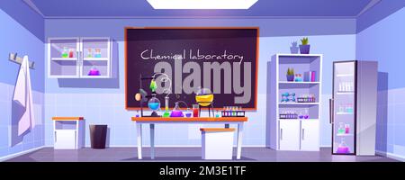 Chemielabor, leerer Chemielabor oder Unterrichtsraum mit Tafel, Becher für Experimente auf dem Schreibtisch, Möbel und wissenschaftliches Zubehör. Zeichentrickfilm-Vektordarstellung im Bildungsraum Stock Vektor