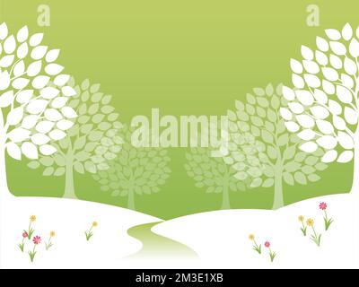 Nahtlose Vektor-Silhouette im Frühling mit einem Waldpass, Blumen und einem frischen grünen Hintergrund. Horizontal wiederholbar. Stock Vektor
