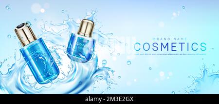 Kosmetische Mittel im Wasserspritzer. Vector realistisches Markenposter mit Hautpflegegel, Creme, Parfüm oder Make-up-Kosmetika in Glasflaschen. Werbebanner, Werbehintergrund Stock Vektor
