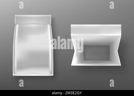 Silberner Umschlagbeutel, Beutelpapier oder Folienbeutel, Ober- und Vorderansicht. Beutel mit isoliertem Clip auf grauem Hintergrund schließen und öffnen. Lebensmittel, Kosmetikprodukte, leere Verpackungsmodelle. Realistische 3D-Vektordarstellung Stock Vektor
