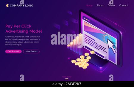 Isometrische Landing-Page für Bezahlung per Klick, Computer mit Mauszeiger auf Anzeigenschaltfläche, Geld fällt vom Desktop. PPC-Geschäft, cpc-Werbemodell, gesponserte Angebotstechnologie 3D Vektor-Webbanner Stock Vektor