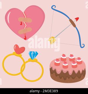 bild zum valentinstag mit gebrochenem Herzen, Bogen mit Liebespfeil, zwei Ringen und Erdbeerkuchen Stock Vektor