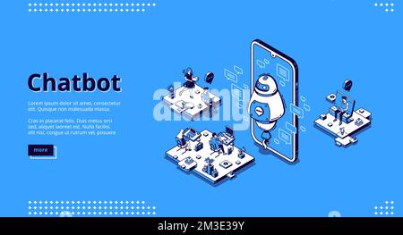 Chatbot-Banner. KI-Technologie im Geschäft für Support-Kunden. Vektor-Landing-Page des virtuellen Assistenten für die Online-Hilfe für Clients. Isometrisches Büro mit Arbeitern und Smartphone mit Roboter Stock Vektor