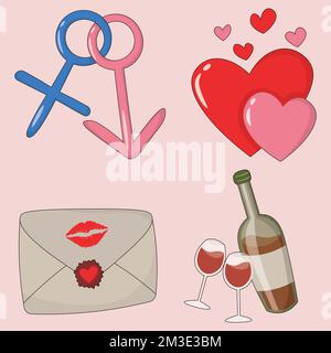 bild zum valentinstag mit vereinten Geschlechtssymbolen, Herzpaar, Liebesumschlag, Flasche und zwei Gläsern mit Wein Stock Vektor