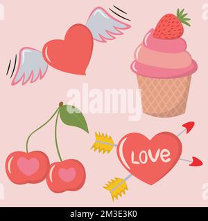 bild zum valentinstag mit fliegendem Herz, Kuchen, Kirsche und Herz mit Pfeilen Stock Vektor