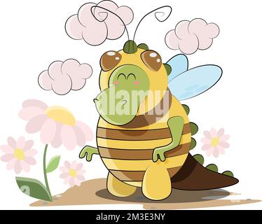 Der als Biene verkleidete Dinosaurier sammelt Blumen Stock Vektor