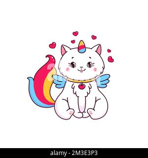 Cartoon niedliche Caticorn-Figur. Magisches Kätzchen, märchenhafte Kreatur mit Flügeln, Einhorn und Regenbogenschwanz-Vektormaskottchen. Isolierte Kawaii-Katze, Kreuzkorn in Liebesvektorpersönlichkeit mit Herz-Kombi Stock Vektor