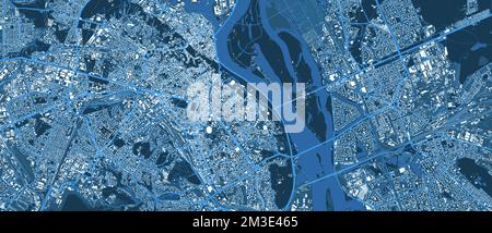 Blaue Karte der Stadt Kiew. Dnieper Fluss, Gebäude, Wälder, Straßen, Eisenbahn. Vektordarstellung der Hauptstadt der Ukraine. Stock Vektor