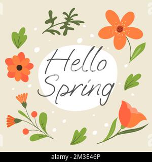 Frühlingskarte mit Blumenmuster und Text „Hello Spring“ Stock Vektor