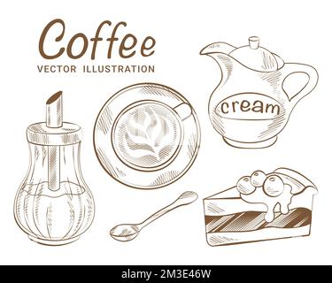 Satz von Vektorzeichnungen Kaffeetasse Kaffeesahne Zuckerdose Kuchen Kaffeespezialitäten Stock Vektor