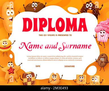 Kinderdiplom. Backwaren, Gebäck, Kuchen und Kekse. Grundschulkinder haben ein Diplom, ein Zertifikat oder eine Auszeichnung mit Weizenbrot, Roggenbrot und fröhlichen Cupcake-Figuren gewonnen Stock Vektor