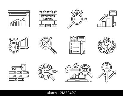 Symbole für die Rangfolge von Schlüsselwörtern. Social-Media-Marketing, Internet-Commerce und SEO-Umrisssymbole, Publikumsforschung, Schlüsselwörter Service dünne Linien Symbole mit Schlüssel, Krone, Lorbeerkranz und Laptop Stock Vektor