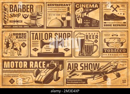 Alte Zeitungsbanner, alte Werbung. Vector Retro-Promo-Anzeigen für Friseur, Restaurant, Kino und Schneideratelier. Pferde- oder Motorrennen, Flugschau, Tabakwaren, Schuhreparatur und Craft-Bier Stock Vektor