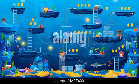 2D Arcade-Spiel Unterwasserwelt Kartenschnittstelle. Hai, Plattform, Treppe, Münzen, Bonus und Schatzsymbole. Karikaturvektorhintergrund unter Wasser oder Meeresboden mit alten versunkenen Ruinen Stock Vektor