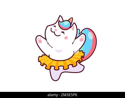 Cartoon niedliche Kawaii tanzende Caticorn-Figur. Lustige weiße Einhorn-Katzenbekleidung Tutu-Tanz. Magische Katzenfigur mit farbenfrohem Schwanz. Kätzchen, Mädchenfigur, für Aufdruck oder Aufkleber Stock Vektor