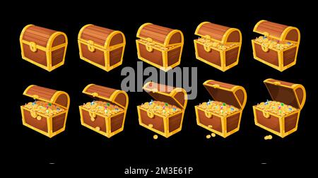 Cartoon-Schatzkiste-Animation. Goldmünzen und Edelsteine in der Piratenbrust. Ein alter Vektorsack aus Holz mit Gold und Edelsteinen, isoliertes Set. Uralter Container mit Beute-öffnenden Sprite-Bogen, Spielespot Stock Vektor