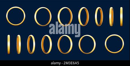 3D goldener Ring, Animation drehen, animierte Spielanimation. Goldener Cartoon-Vektor Drehkreise ui-Sequenzrahmen, gui-Designelemente. Gelb glänzende Elemente für Benutzeroberfläche, isolierten Bonus oder Schmuck Stock Vektor