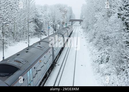 Die Plattform am Bahnhof Marden im Schnee Stockfoto