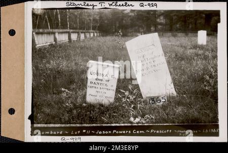 Louisa E. Lombard, Elvira Lombard, Jason Powers Cemetery, Lot 11, Prescott, Mass., 17. Juli 1934 : Stanley T. Wheeler, Q-929 , Wasserwerke, Reservoirs Wasserverteilungsstrukturen, Immobilien, Friedhöfe Stockfoto