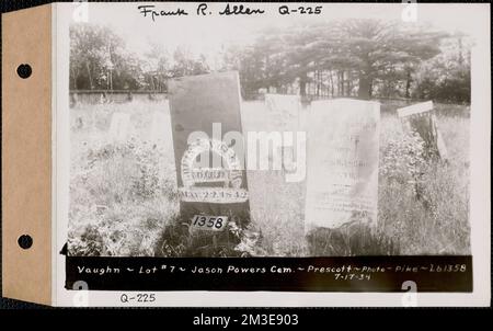 Louis S. Vaughn, Josiah Vaughn und Ehefrau, Jason Powers Cemetery, Lot 7, Prescott, Mass., 17. Juli 1934 : Frank R. Allen, Q-225 , Wasserwerke, Reservoirs, Wasserverteilungsstrukturen, Immobilien, Friedhöfe Stockfoto