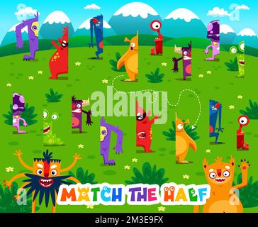 Match the half of cartoon monster characters. Vector game worksheet with cute funny aliens on green summer field. Find the correct pieces of colorful fluffy and toothy spooky personages Stock Vektor