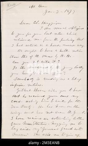 Lucy Stone signierte ein Autogramm-Brief an Thomas Wentworth Higginson, 3. Januar 1873 , Abolitionists, United States, History, 19.. Jahrhundert, Frauen, Wahlrecht, Stanton, Elizabeth Cady, 1815-1902, Jackson, Helen Hunt, 1830-1885. Thomas Wentworth Higginson-Korrespondenz Stockfoto