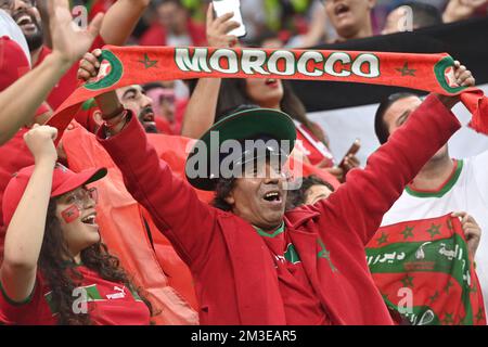 Marokkanischer Fan, Fußballfan. Halbfinale, Halbfinalspiel 62, Frankreich (FRA) - Marokko (MÄRZ) 2-0, am 14.. Dezember 2022, Al Bayt Stadium Fußball-Weltmeisterschaft 20122 in Katar ab November 20.. - 18.12.2022? Stockfoto